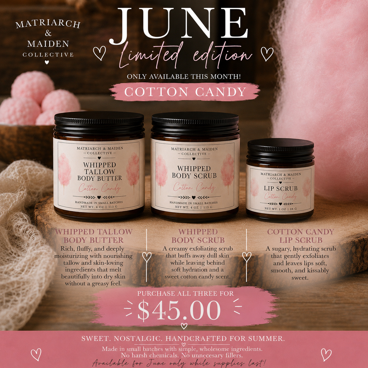 June Limited Edition Cotton Candy Trio Whipped Body Butter, Body Scrub and Lip Scrub